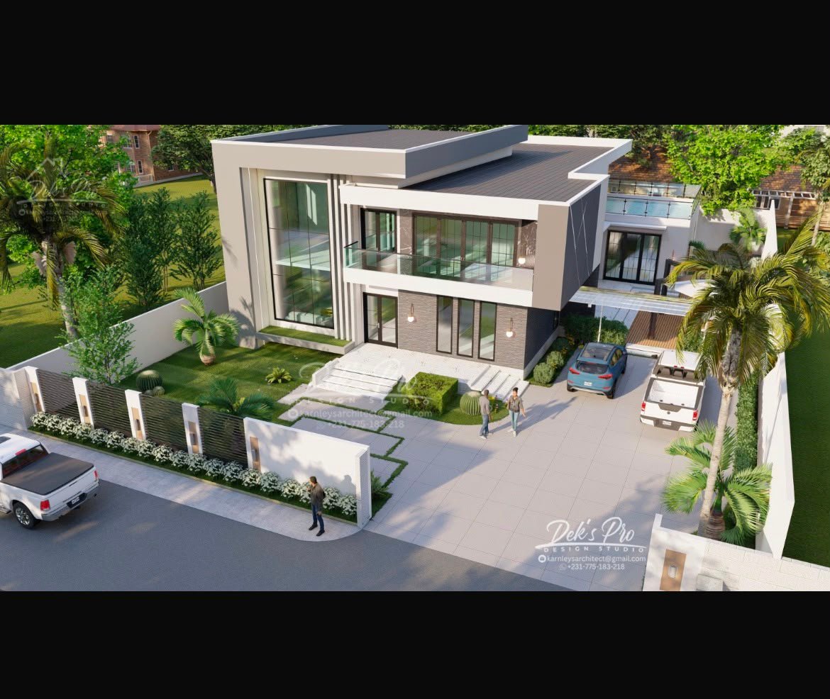 Aerial architectural rendering of the contemporary six-bedroom home