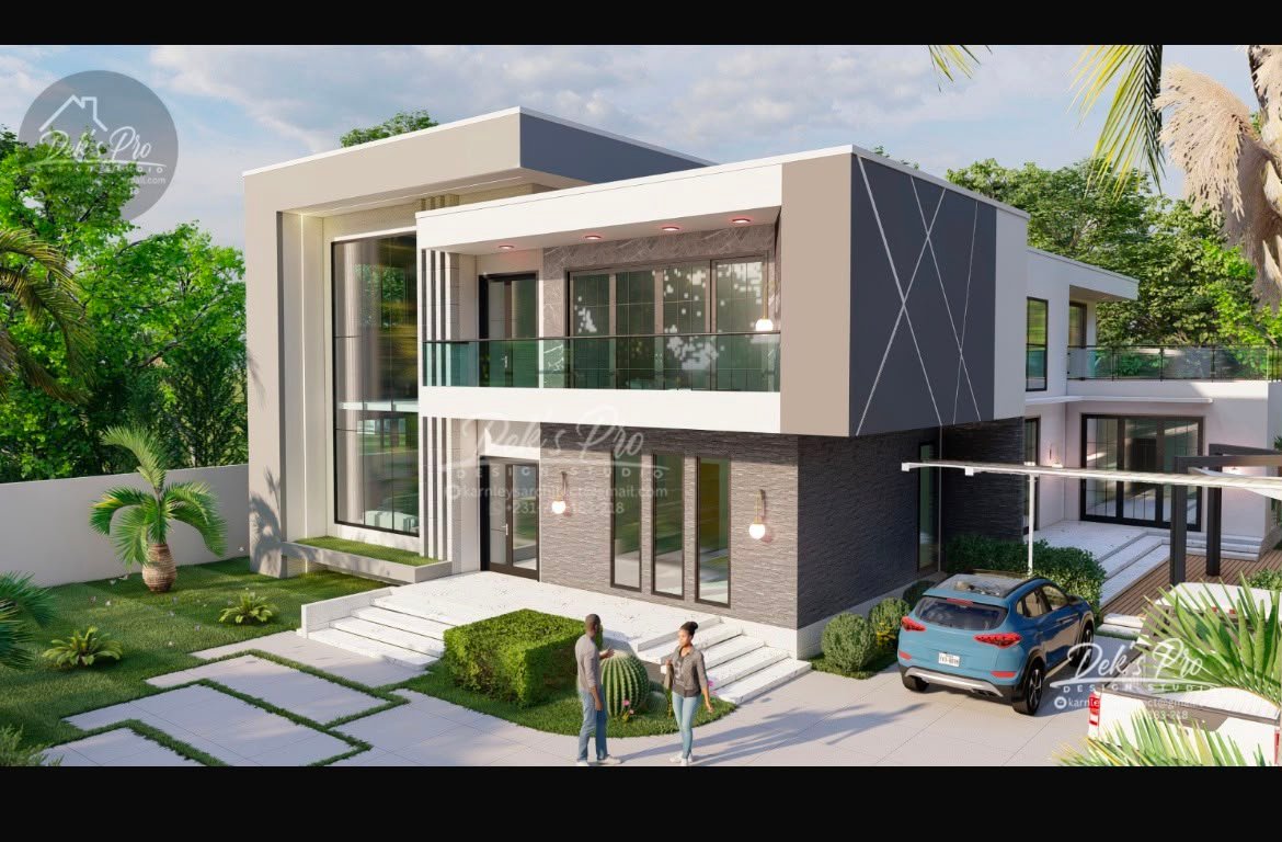 Garden-side rendering of the contemporary six-bedroom home
