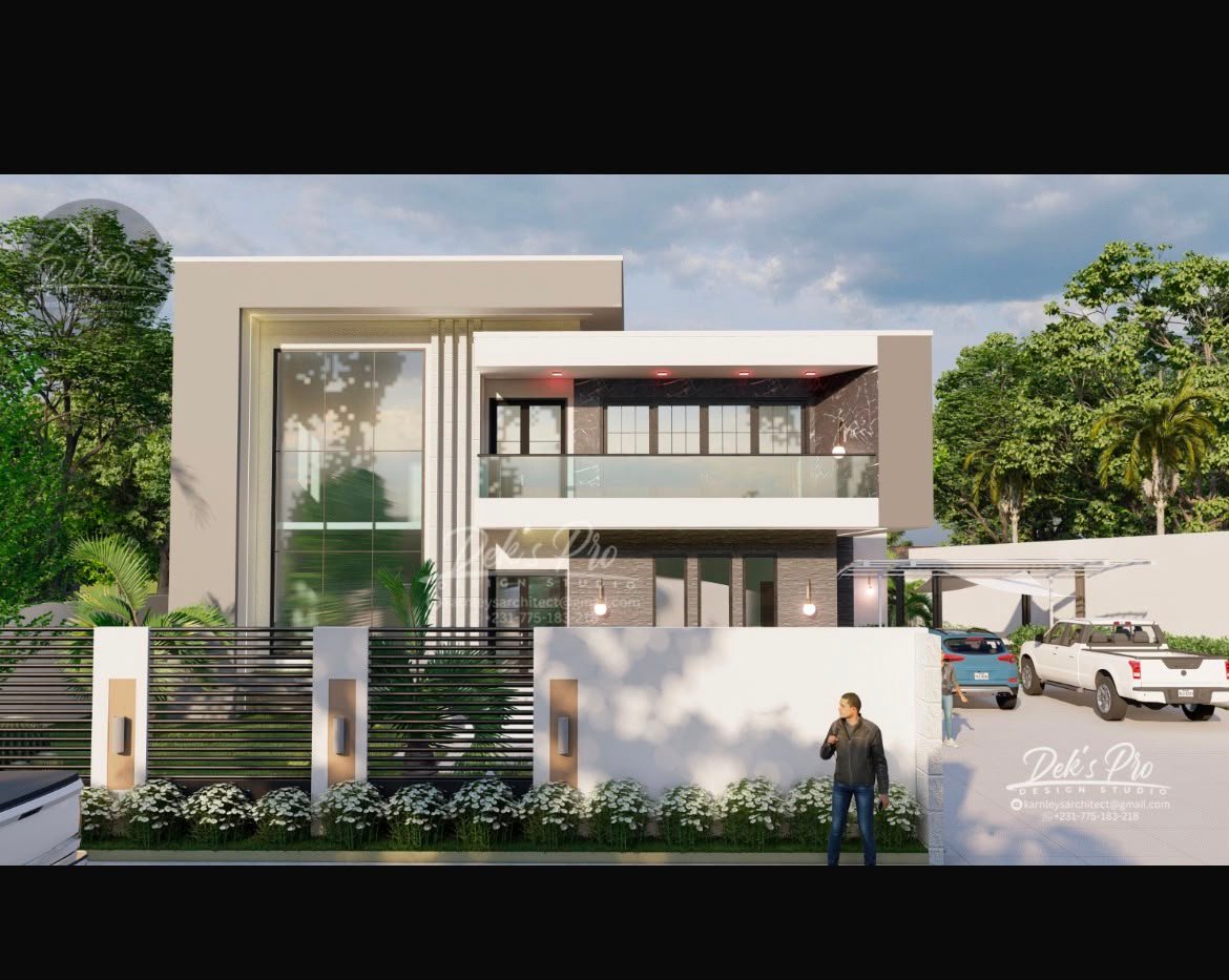 Street elevation rendering of the contemporary six-bedroom home